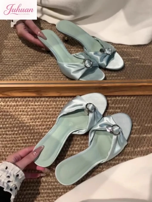 

French Temperament Niche Satin Heart-shaped Cool Slippers Female Outer Wear Fairy Style Simple Stiletto High Heels for Women