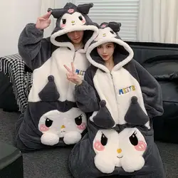 Anime Kuromi Jumpsuit Pajamas Sanrioed Cute Couple Plush Home Clothes Kawaii Cartoon Winter Men Women Hooded Plus Size Nightwear