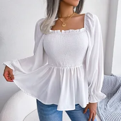 Casual Squared Neck Pleated Ruffle Trim Solid Blouse,Lantern Sleeve Shirt, Women's Clothing