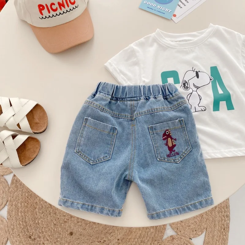 2024 Summer Kids shorts cartoon embroidery Boys sports knee length jeans Children denim Middle pants