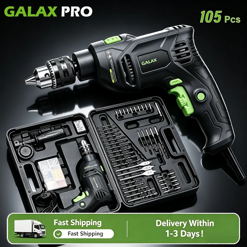 GALAX PRO 5Amp 1/2-inch Hammer Drill with 105pcs Accessories Variable Speed 0-3000, Hammer and Drill 2 Functions in 1, 360°Rotating Handle, Depth Gauge, Carrying Case Included