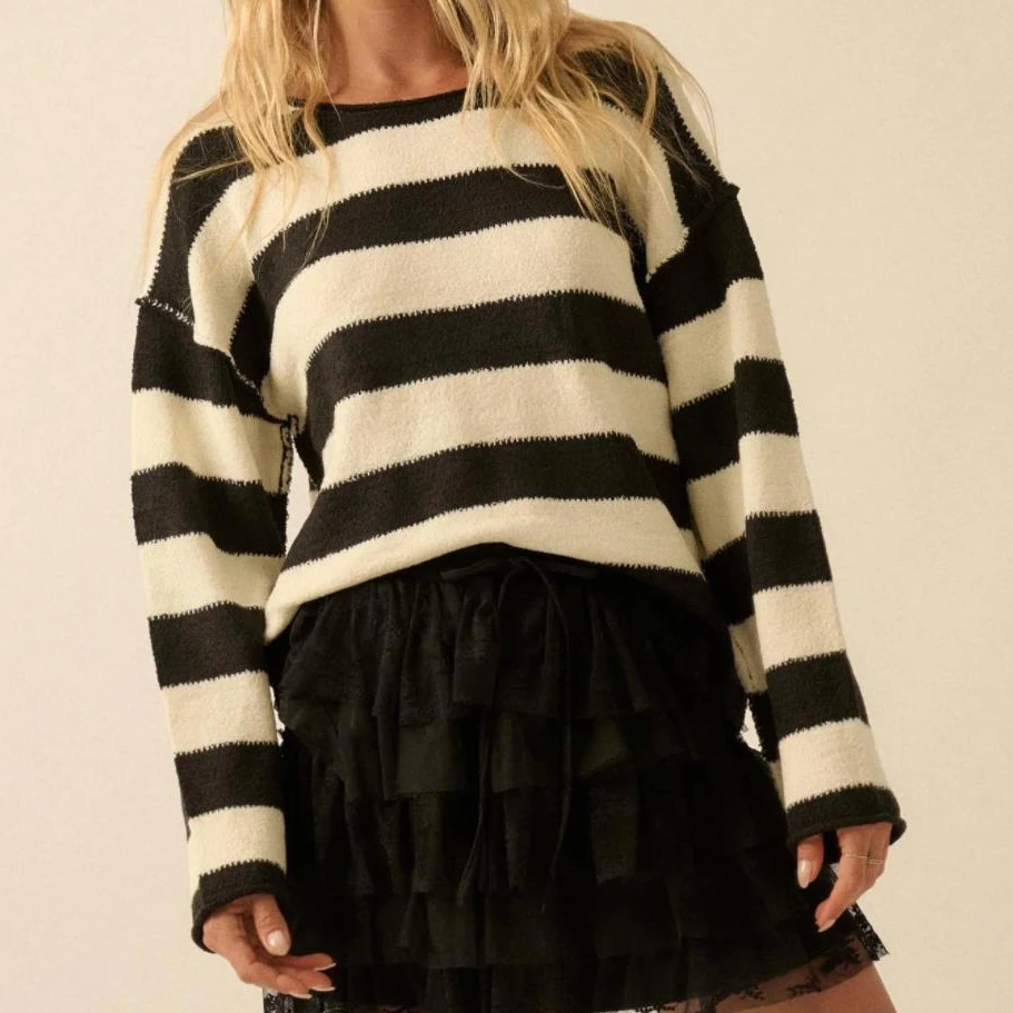 سترات نسائية كلاسيكية للخريف والشتاء بأكمام طويلة ورقبة مستديرة مخططة ملابس تريكو مرقعة ملابس بديلة #3