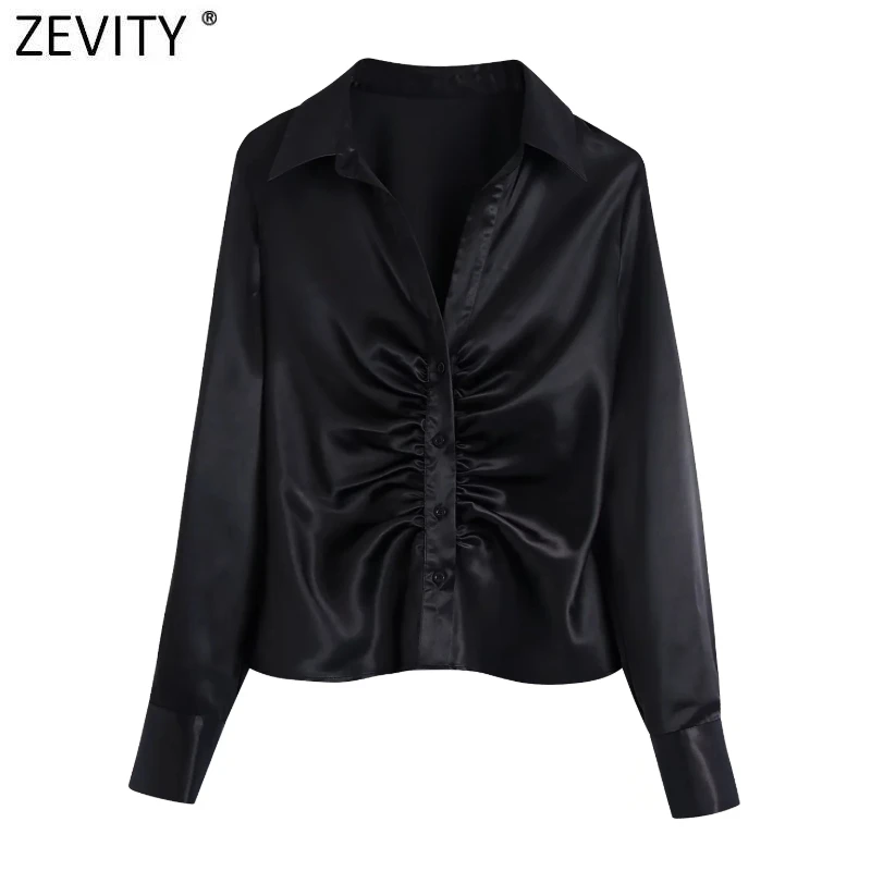 Zevity Women Elegant Pleated Design Black Satin Slim Blouse Office Ladies Single Breasted Shirts Chic Chemise Blusas Tops LS9724