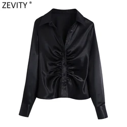 Zevity Women Elegant Pleated Design Black Satin Slim Blouse Office Ladies Single Breasted Shirts Chic Chemise Blusas Tops LS9724