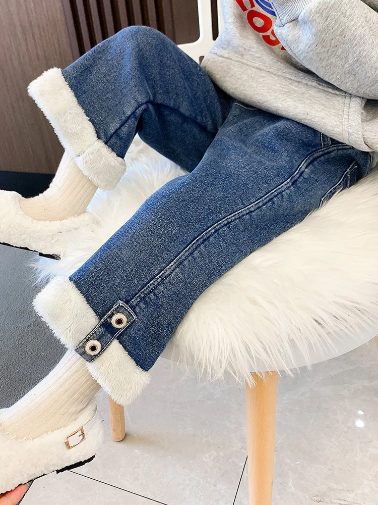 

Girls' Plush Jeans 2023 New Autumn/Winter Thick Plush Elastic Waist Warm Jeans Fashion Cute Versatile Children's Wide Leg Pants
