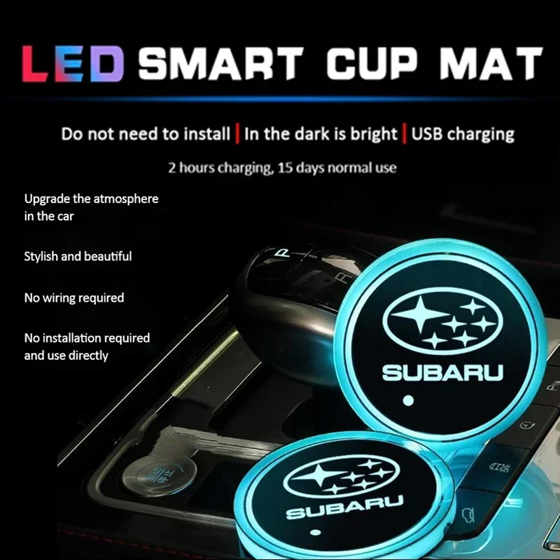 2pcs Car Water Cup Mat Light LED Bottle Holder Pad Ambient Light for Subaru WRX BRZ DRL XV STI Outback Legacy Forester Impreza