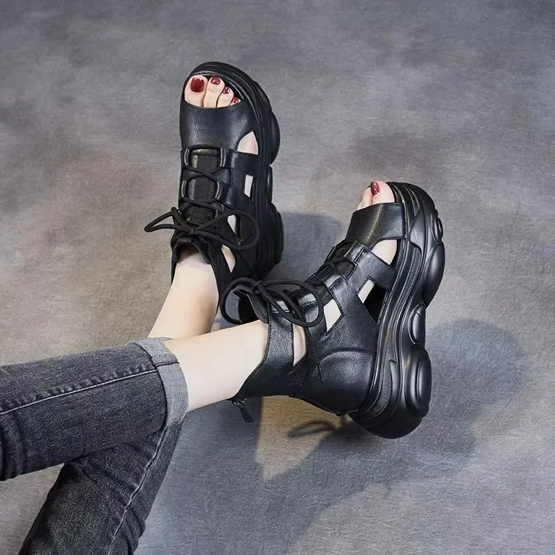 2024 New Fashion Platform Sandals Women Cross Genuine Leather Wedges Platform Heel Gladiator Sandals Women Summer Roman Shoes