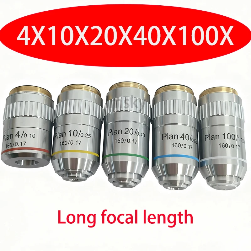 4x 10x 20x 40x 100x 195 plano lente objetiva objetivos acromáticos para microscópio biológico rms 20.2mm rosca 160/0.17
