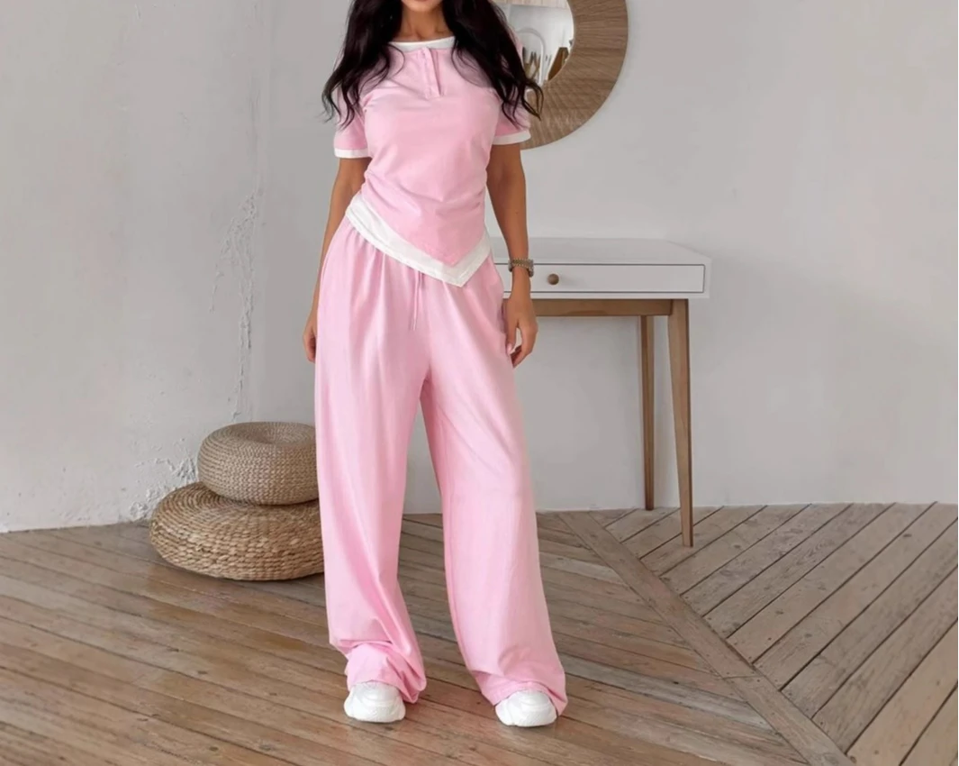 

2025 Summer New Short Sleeve Set Fake Two Piece Slim Button Design T-shirt Straight Casual Pants