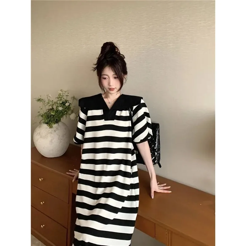 Streak Short Sleeve Fat Girl Extra Large Size 140 Kg Summertime Loose Look Slimmer MIDI Dress Nightdress Can Be Worn Outside