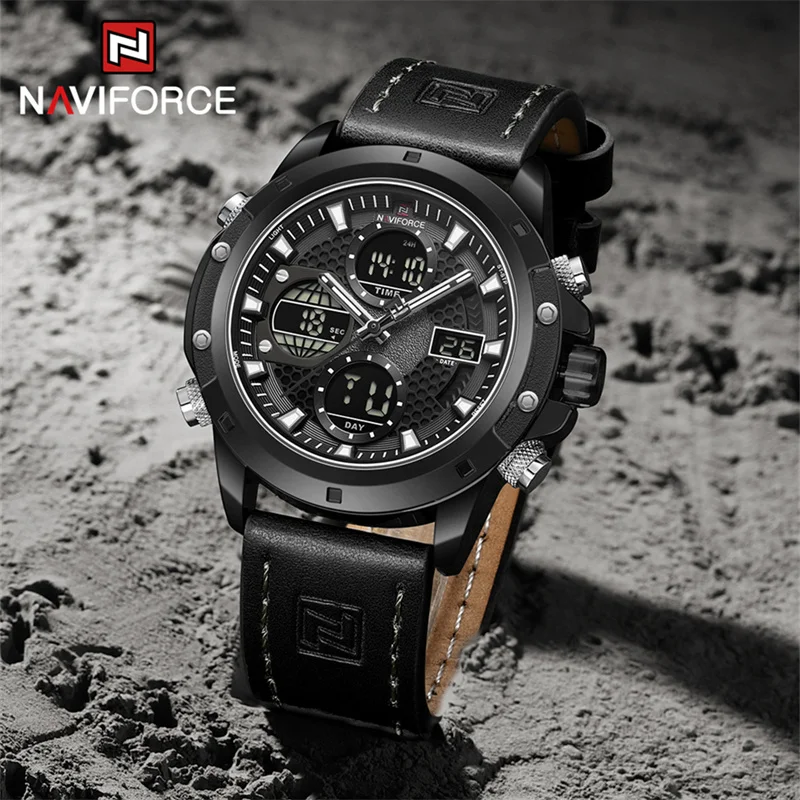 NAVIFORCE Men Sport Watch Fashion Genuine Leather Strap Dual Display Wristwatch Waterproof Chronograph Alarm Clock Reloj Hombre