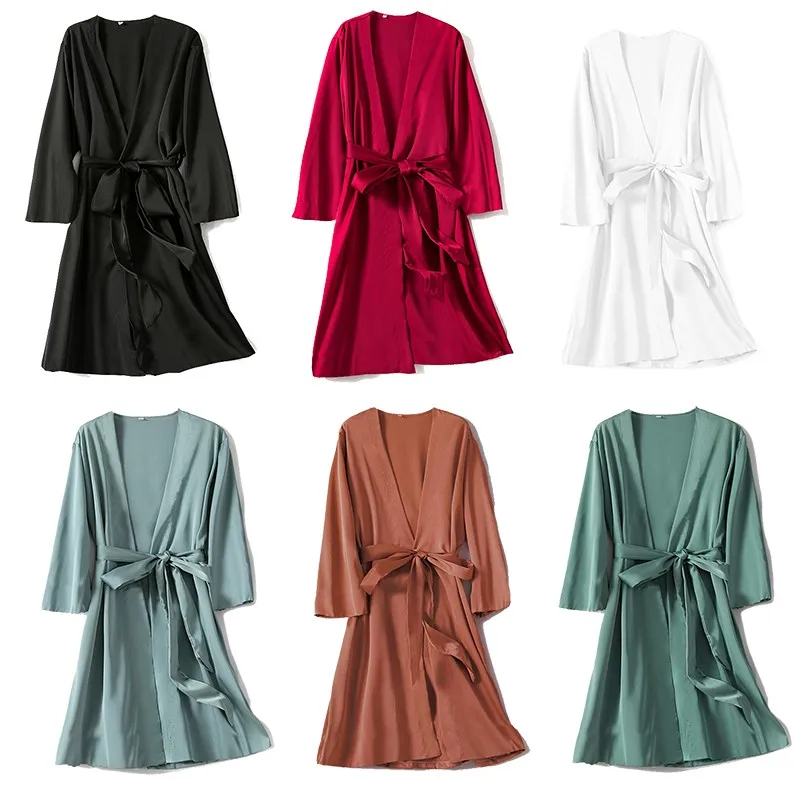 Conjunto de Albornoz Kimono para mujer, ropa de dormir de satén, camisón informal, regalo de boda, lencería Sexy íntima