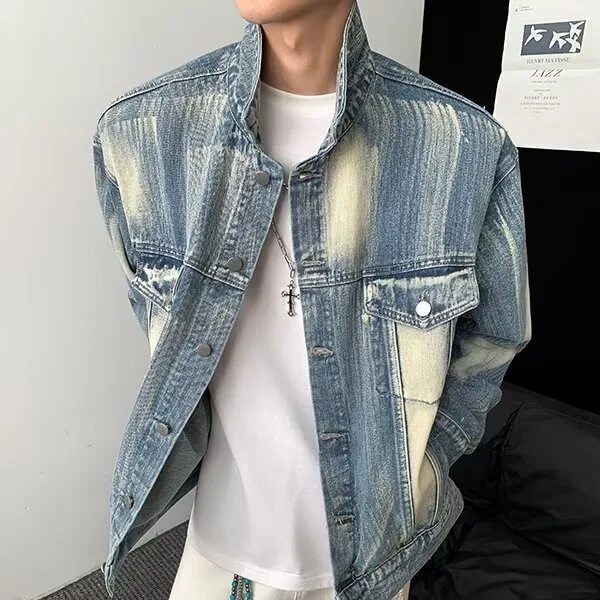 معطف رجالي كبير الحجم من قماش الدنيم للخريف والشتاء بربطة عنق صبغ فيتي طويل Sve ملابس عمل معطف أمريكي Sle Clean Fit Youth Faion #4