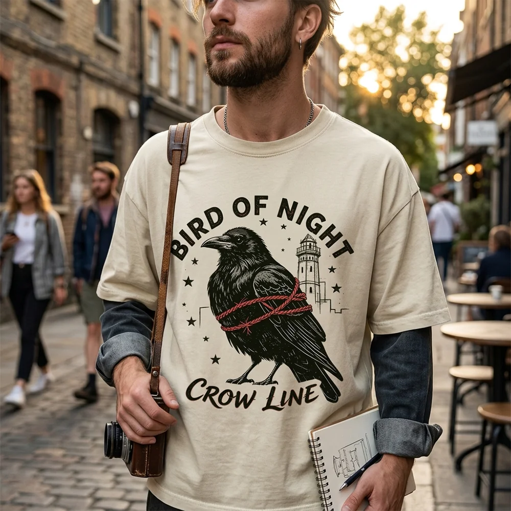 Men  BIRD OF NIGHT Crow Raven Graphic T Shirt Oversized Vintage Cotton Beige Gothic Dark Aesthetic Loose Casual Tops
