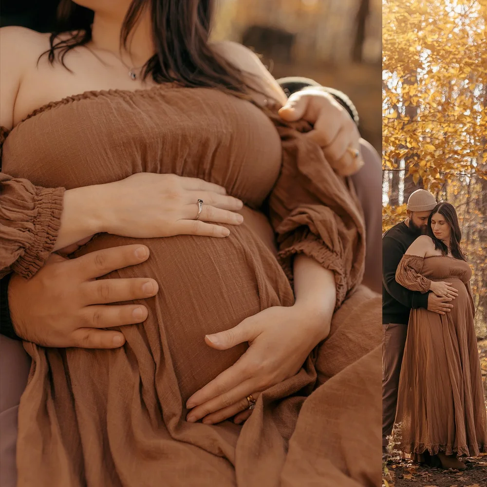 البوهيمي صور اطلاق النار فستان الحمل لينة الكتان القطن قبالة الكتف مطوي حافة فستان النساء الحوامل التصوير فستان #6