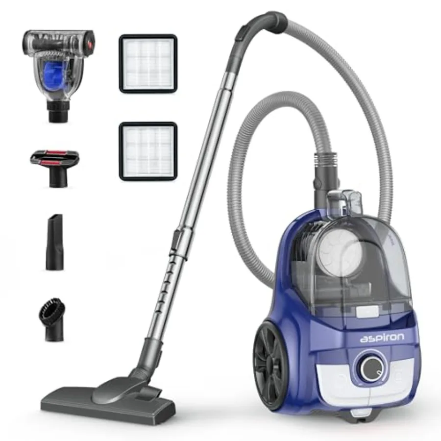 Upgraded 1600W Bagless Canister Vacuum Cleaner with Auto Cord Rewind and H13 HEPA Filter for Efficient Cleaning on Hard Floors