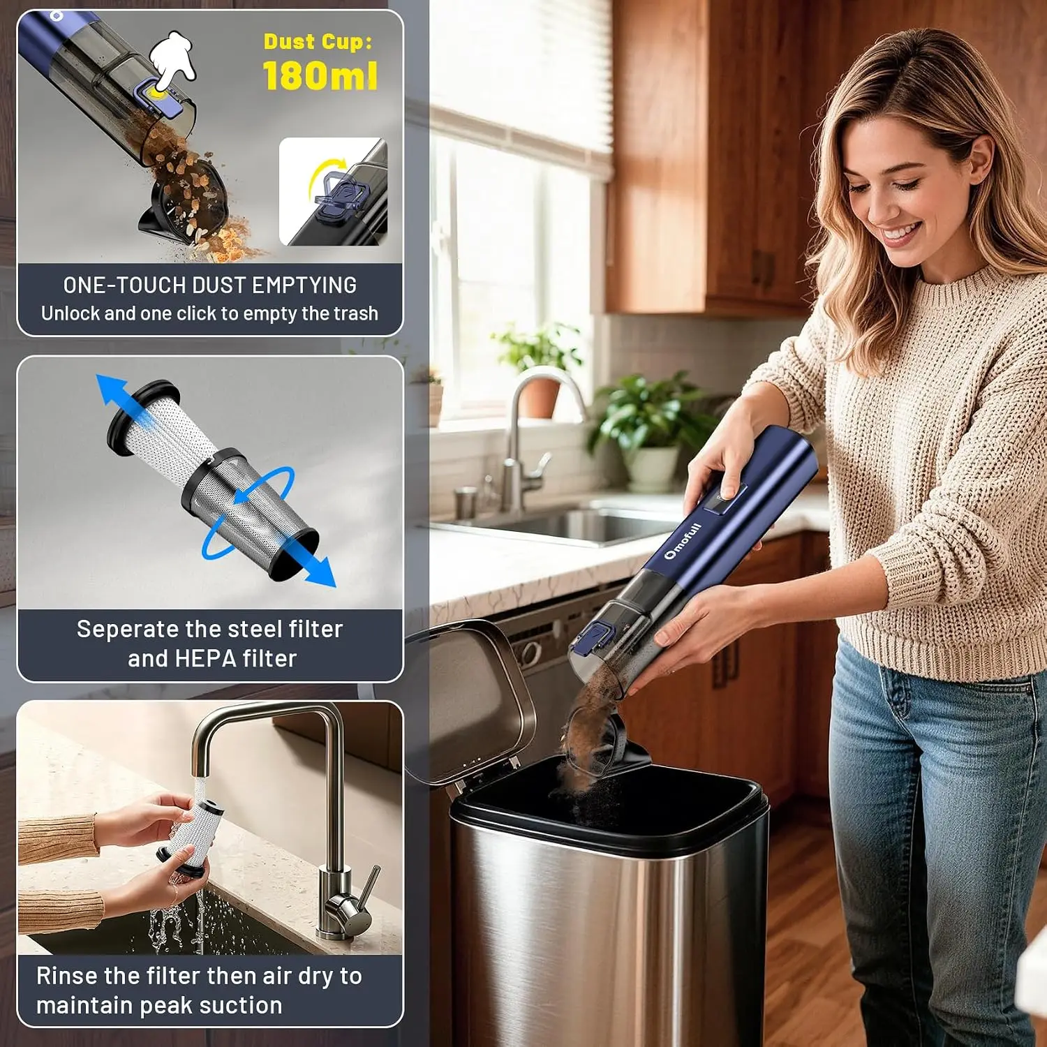 19500Pa 4-in-1 Cordless Vacuum & Air Duster, 140W Handheld Vacuum Cleaner for Car Home Pet view 6