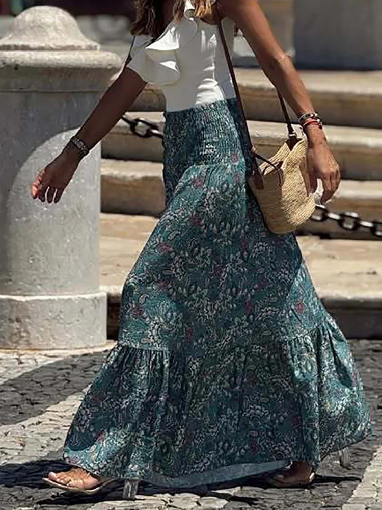 Elegante Zomer Vakantie Kleurrijke Rokken Vrouwen Patchwork Ruches Casual Lange Rok Elastische Taille Lady Straight Print Rok Vestido