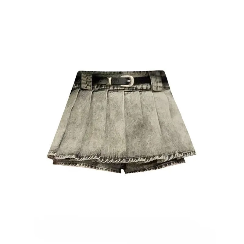 

American Retro Washed and Worn Denim Skirt Women's Summer Design Sense A-line Pleated Skirt Trend Female Clothing