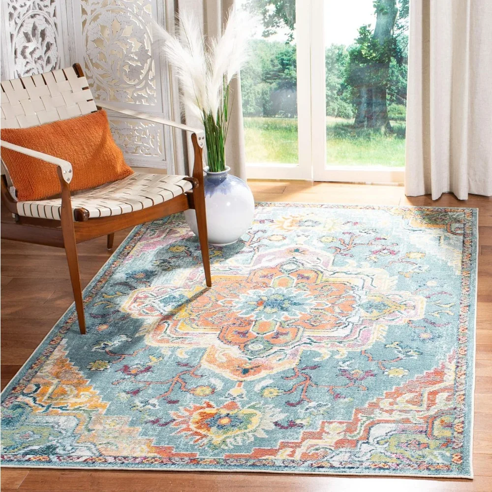 Crystal Collection Area Rug - 12' Square, Teal & Orange, Medallion Distressed Design, Non-Shedding & Easy Care, Ideal for High