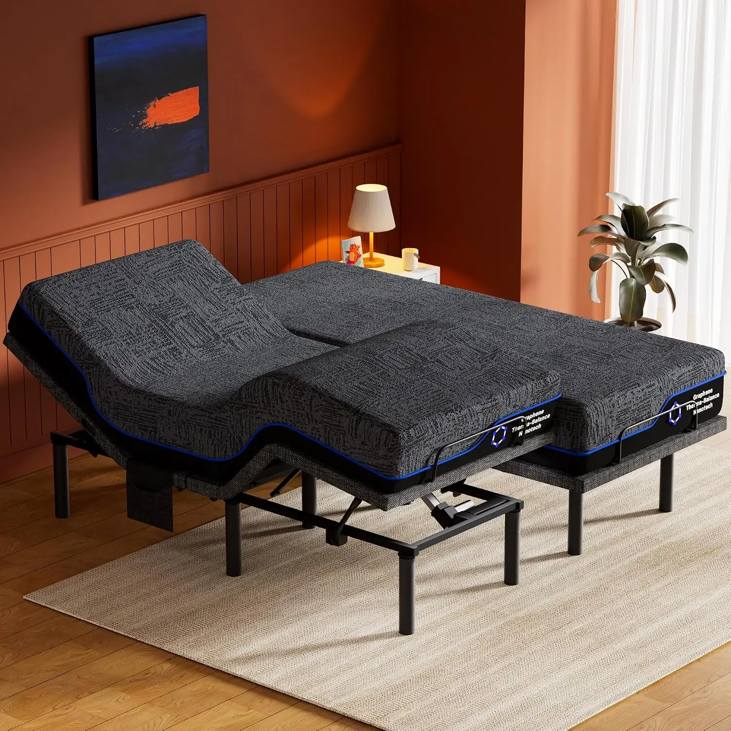 Amada Split King Adjustable Bed Frame and 14 Inch Cooling Gel Memory Foam Mattress Set, Head & Foot Incline, Wireless Remote