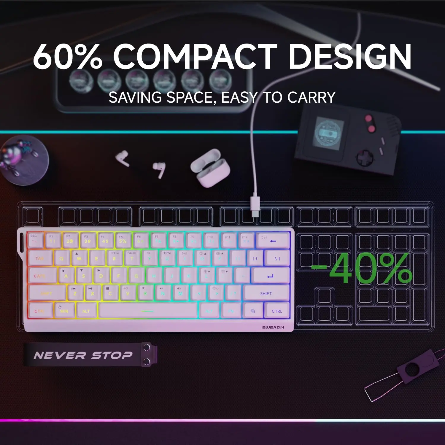 EWEADN F61 لوحة مفاتيح مكتب لاسلكية صامتة 61% تخطيط RGB تصميم مريح بطارية 2000 مللي أمبير في الساعة لوحة مفاتيح اتصال ثلاثية الأوضاع