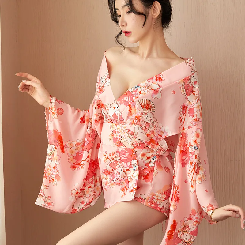 Top Fashion Sexy Hollow Out Sleeves Vintage Pink Printed Kimono Waist Cinching Uniform Home Wear Womens Nightgown Lingerie Dress