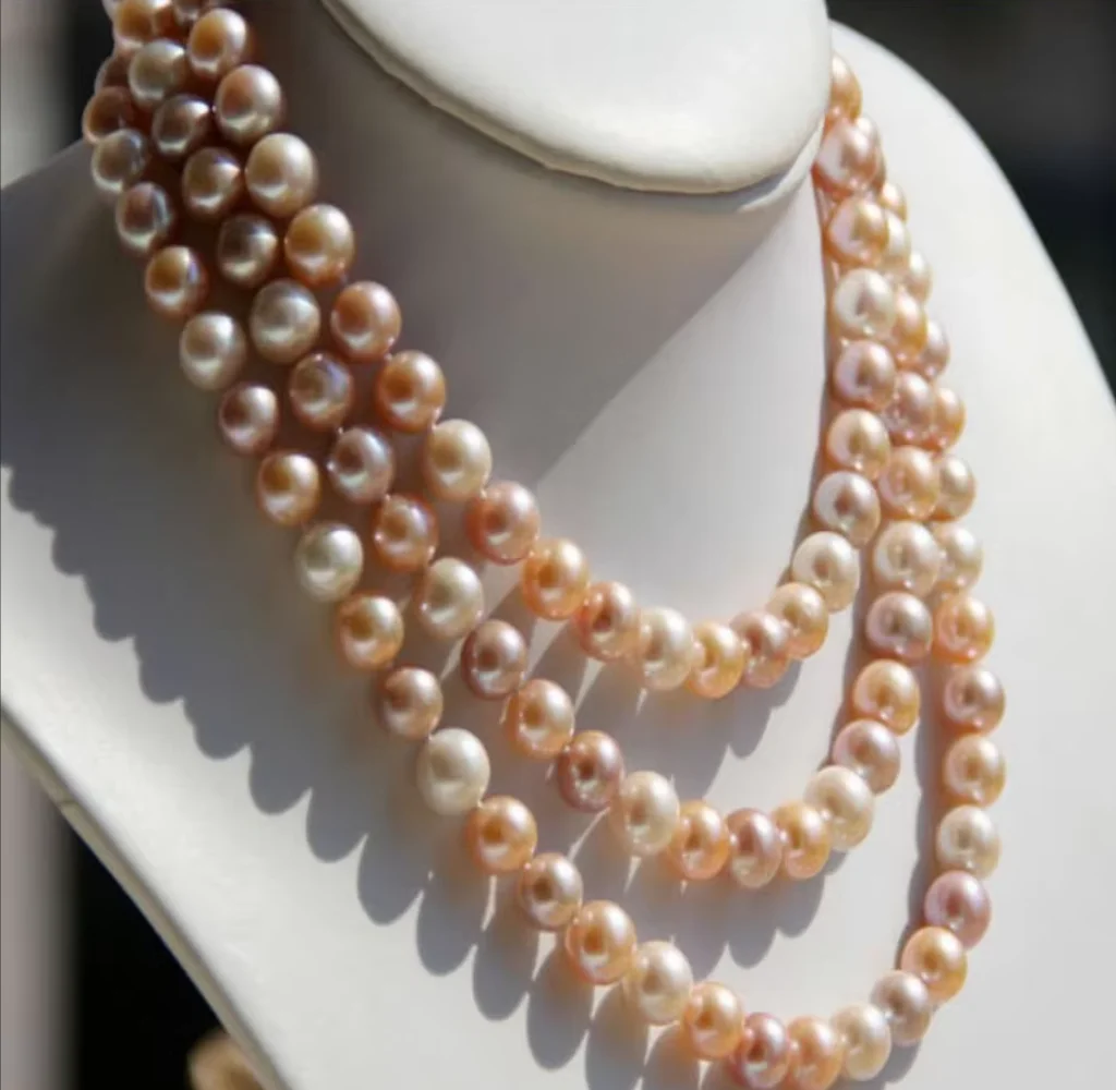 3 rows of pearl necklace AAA 8-9mm natural South  Sea multi-color pearl necklace 14k gold 18*19*20 inch