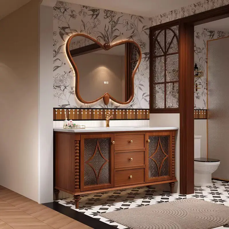 Medieval style floor-to-ceiling bathroom cabinet combination ceramic integrated basin bathroom cabinet solid wood washing table