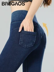 BIVIGAOS Jean Legging Yoga Fitness legginsy damskie z wysokim stanem kieszonkowy podnośnik wąski obcisłe dżinsy rurki obcisłe elastyczne jegginsy