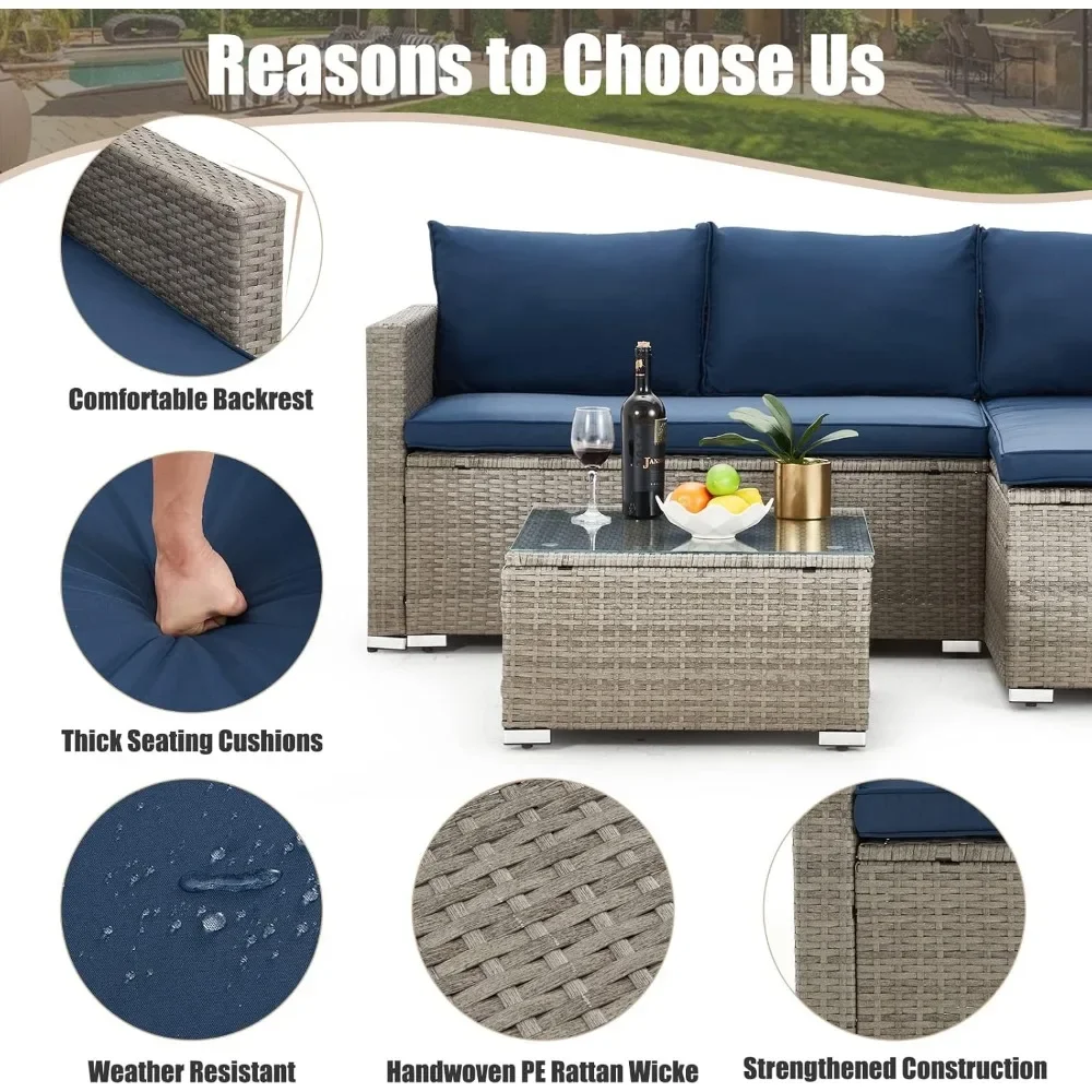3-Piece All-Weather Patio Set - Wicker Sectional Sofa w/ Tempered Glass Table, Outdoor Conversation Group"​