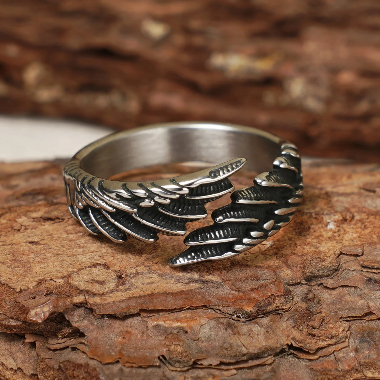 Vintage Herrenring mit gealterten Engelsflügeln, offener Feder-Ring aus 316L Edelstahl, perfekt für den täglichen Gebrauch, Partys und als Geschenk. – Detail 7