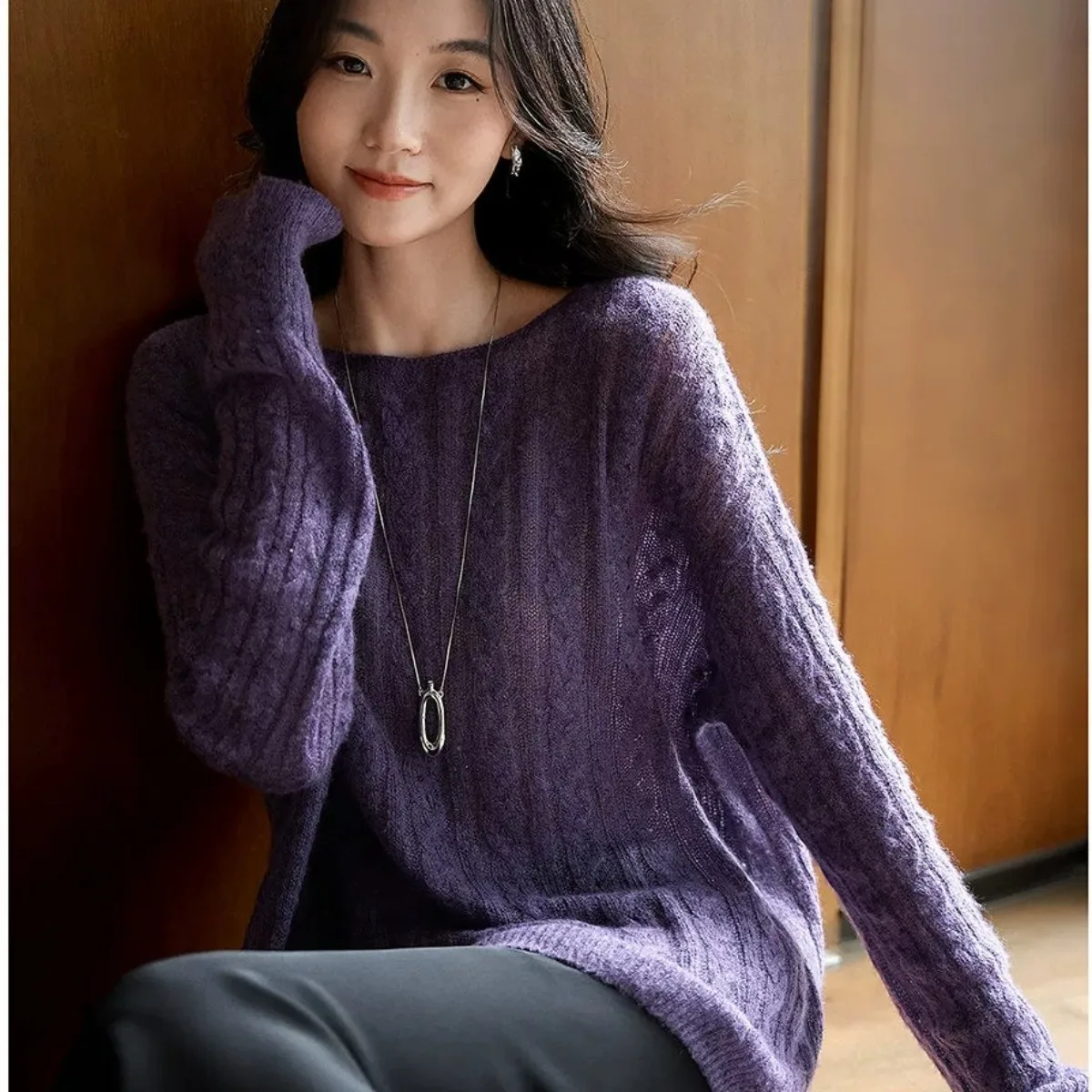 2026 Autumn Vintage Cable Knit Sweater Women Loose Boat Neck Long Sleeve Soft Knit Pullover Purple Casual Top
