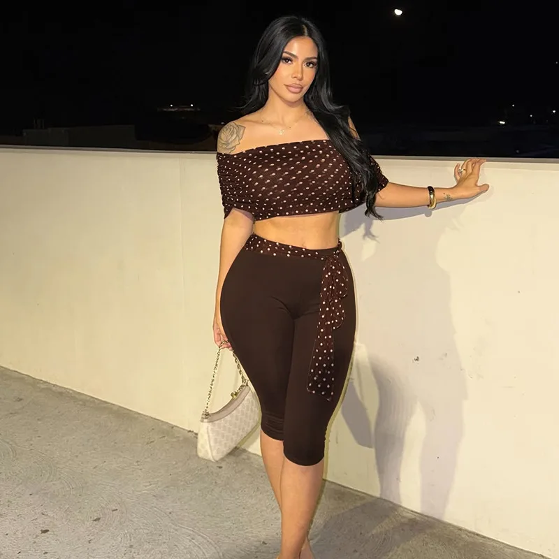 

Polka Dots Print Casual 2 Piece Set Women Sexy Off Shoulder Crop Tops + Ribbon Skinny Calf-length Pants Fashion Streetwear Suits