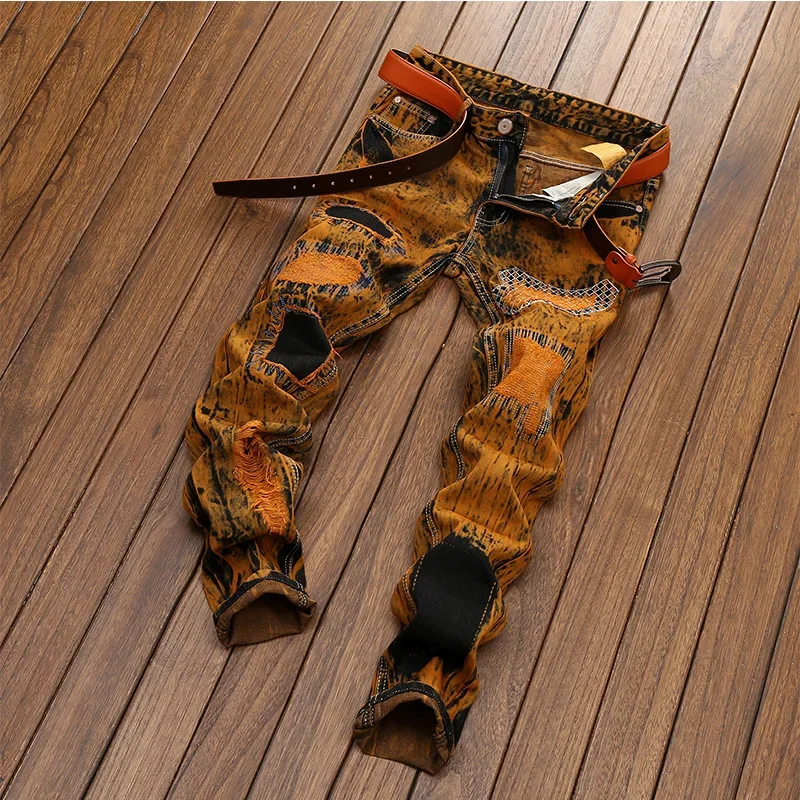 Otoño nuevo Vintage Jeans hombres rasgados rectos Slim-fit Jeans Patchwork personalizado desgastado Hip-hop ropa de calle hombre ropa