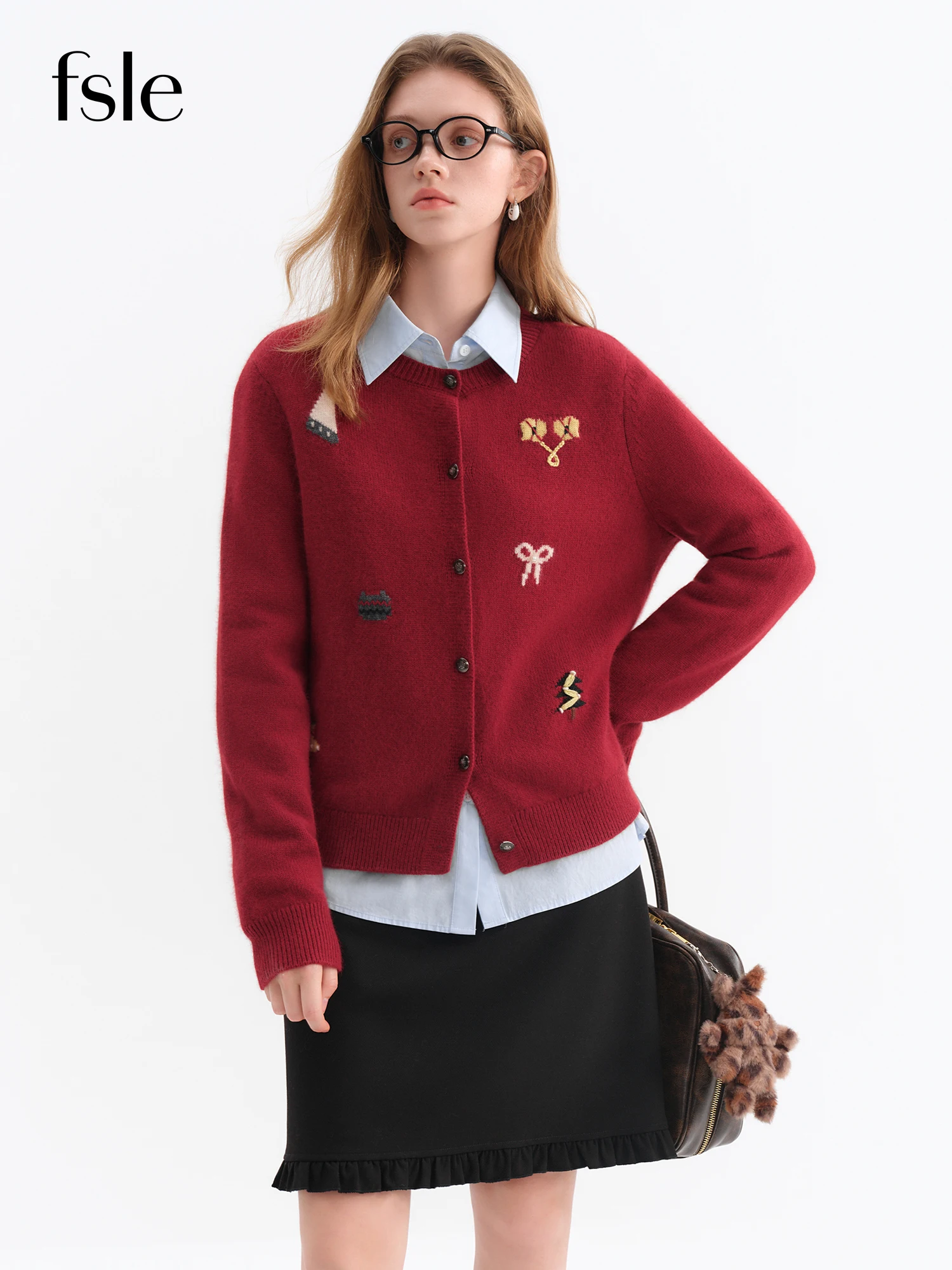 

FSLE 2025 женский красный рождественский блок с вышивкой и круглым вырезом, винтажный вязаный свитер, пальто, уютный пуловер для праздничной вечеринки, повседневный крой