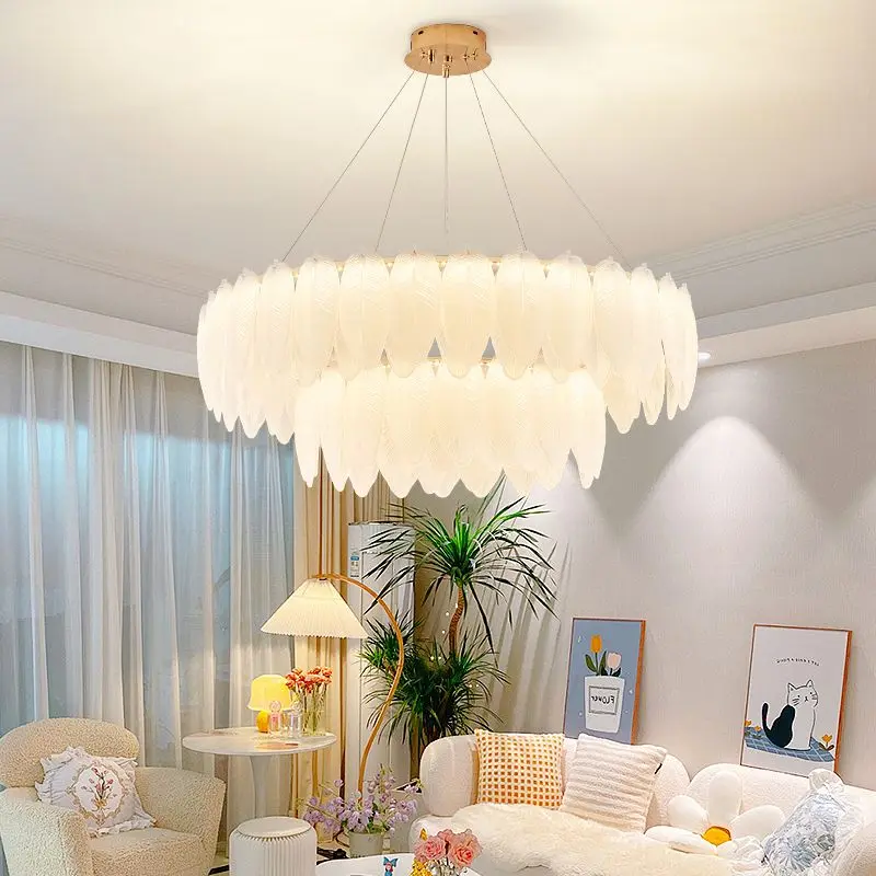 French Cream Style Pendant Light Luxury Feather Pearl CChandeliers Atmospheric Modern LED Living Room Bedroom Lighting Fixtures