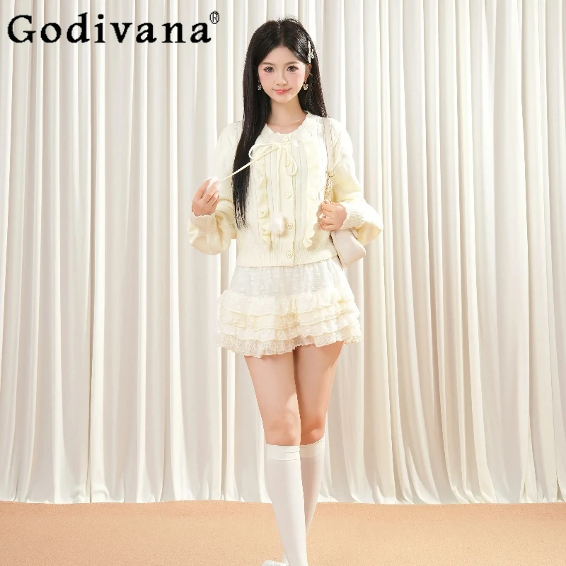 

Korean Style College Outfits Women Drawstring Ruffled Knitted Sweater Top and Cake Skirt Set Female Japanese Lolita Suits