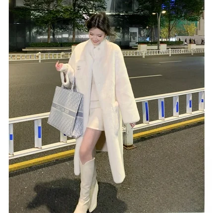 

Kubiliv Women's Woolen Coat Warm Splicing Design Inteated Leather And Fur Soft And Cozy New Sle Mid-Length Commute Friendly