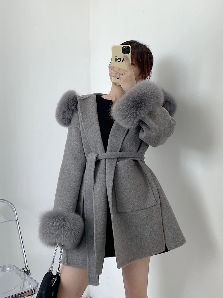 2025 New Oversize Ladies Outerwear Real Fur Coat Spring Jacket Women Natural Fox Fur Collar Cuffs Hood Cashmere Wool Woolen