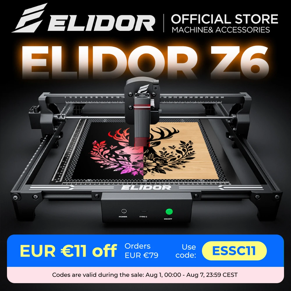 ELIDOR Z6 6W Laser Engraver and Cutting Machine CNC Diode Working Area 300X300mm Wood Marking Engravable Plywood Acrylic Glass