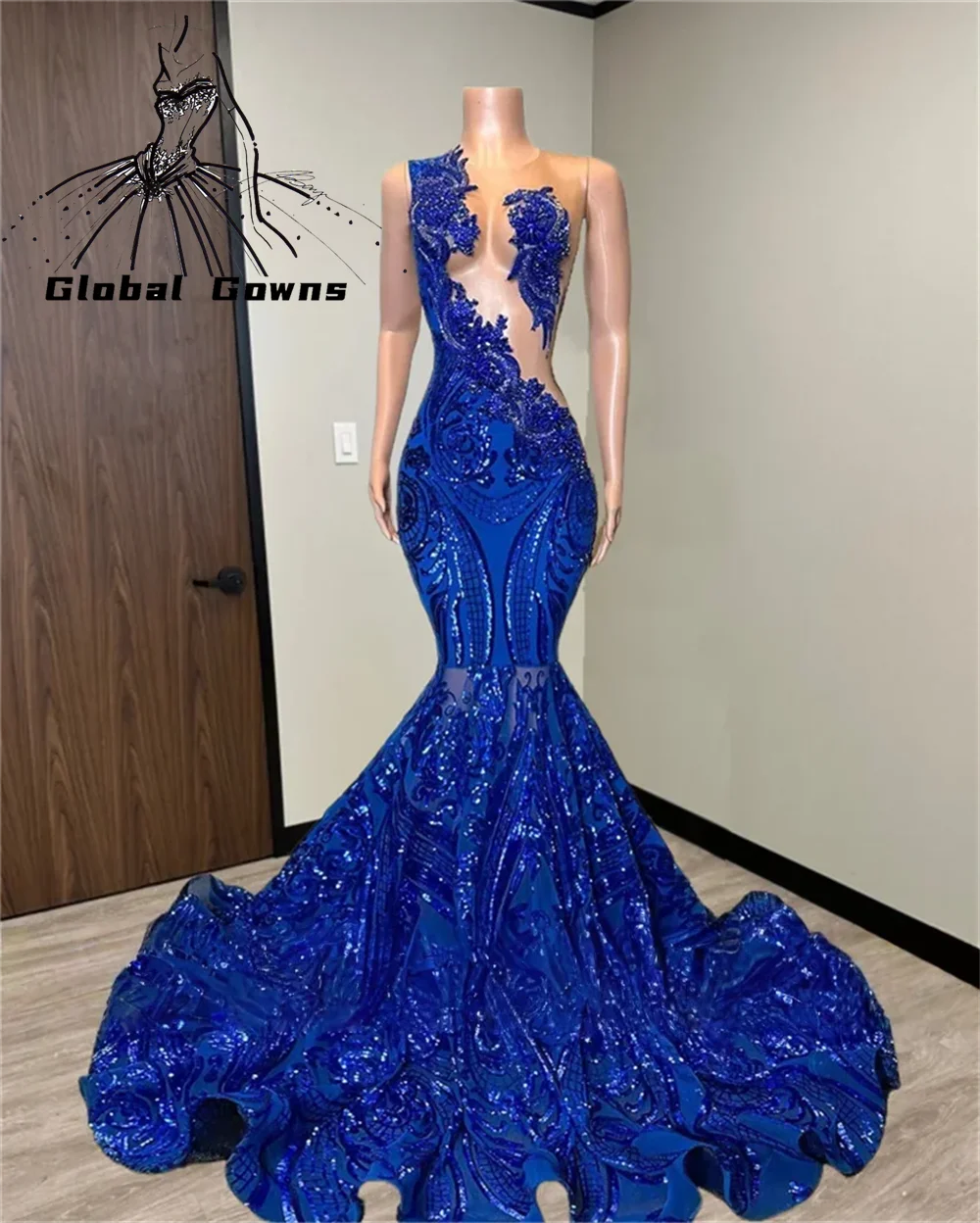 Sparkly Royal Blue Diamonds Prom Dress Black Girls Sequins Gown Bead Crystal Rhinestones Wedding Birthday Party Dress Customized