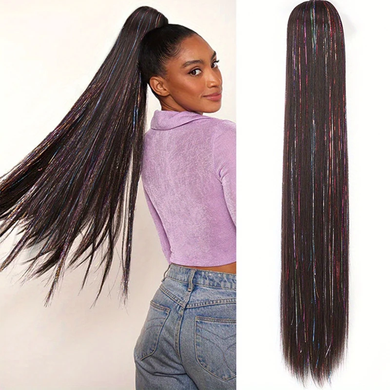 

Long Straight Drawstring Ponytail Hair Extension for Women Black Straight Clip in Pony Tail Synthetic Natural Fibre Hairpiece