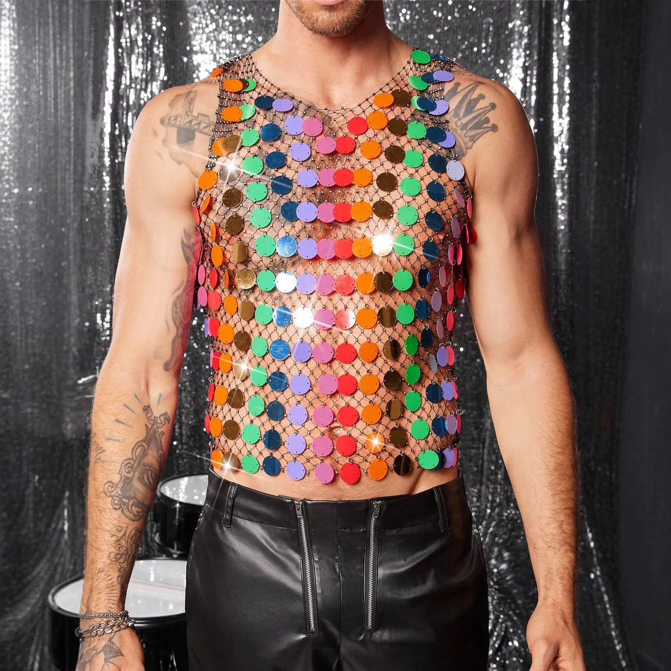 Heavy-Duty Diamond-Encrustedผู้ชายFishnetเสื้อกั๊กHandmade Beadedดูผ่านTop CyberpunkพราวLight-Up Openwork Jacket