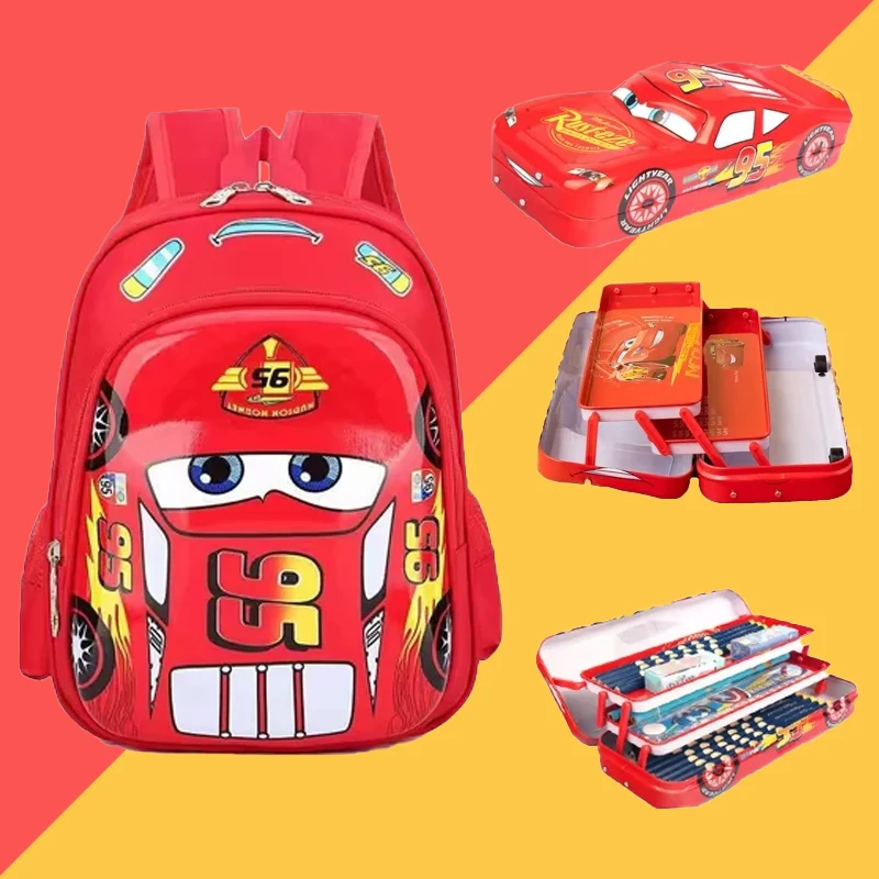 

Lightning McQueen Backpack+Pencil Case Car Cartoon Anime Figures Schoolbag Pen Pouch Student Large Capacity Stationery Bags Gift