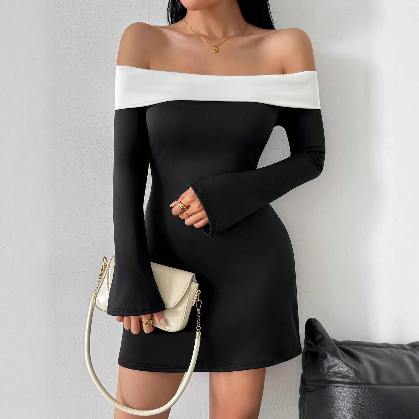 Elegant Party Dresses 2026 Women Fashion Long Sleeve Off Shoulder Contrast Color Slim Fit Gown Female Sexy Simple Outfit Clothes