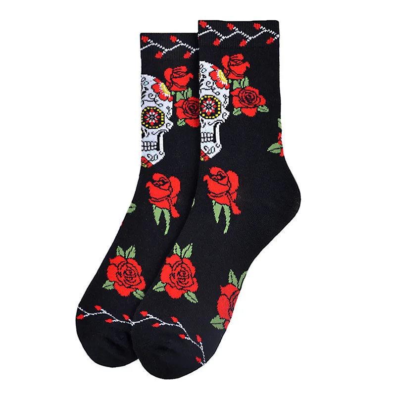 Fashion Harajuku Skull Rose Crew Socks Unisex Women Men Couple Black Cotton Retro Boho Hip Pop Street Socks Gift Bulk Wholesale