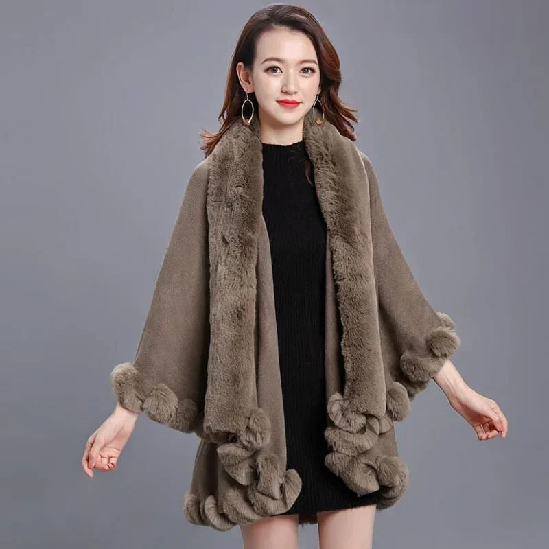10 Colors 2 Layers Women Winter Cappa Shawl Big Faux Rex Rabbit Fur Collar Long Knited Poncho Overcoat Wraps Fur Pashmina Cloak