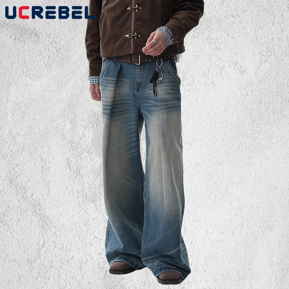 

Плиссированные потертые рваные джинсы мужские с карманами High Street ретро мешковатые широкие джинсовые брюки мужские