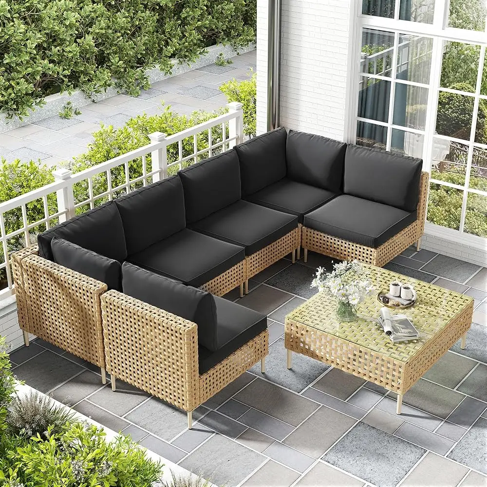 

7 Piece Wicker Patio Furniture Set, Outdoor Couch, Boho Patio Furniture Set with Fluffy Black Cushions and Coffee Table